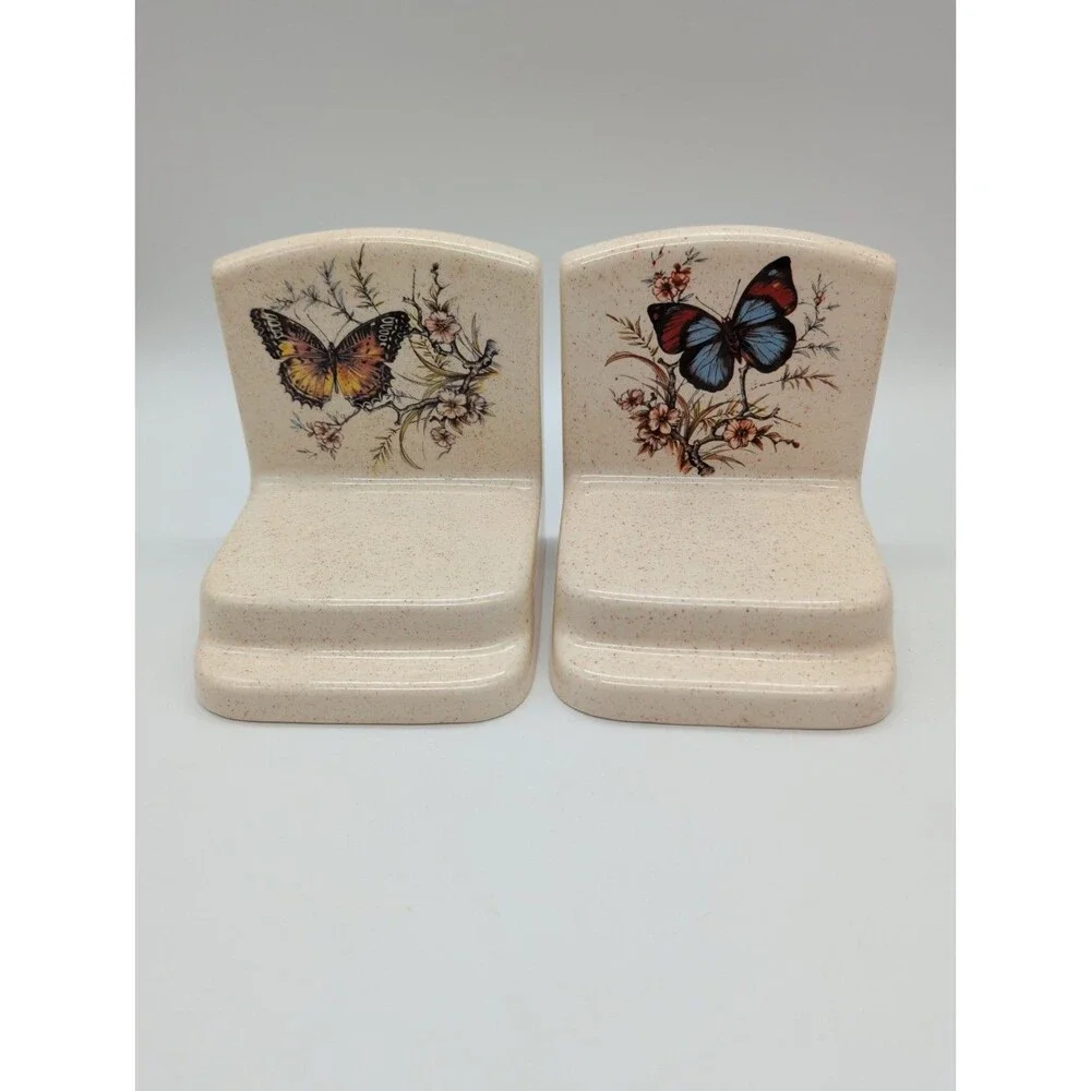 Vtg Holland Mold Butterfly Bookends Speckled Waterslide Signed Susan '78